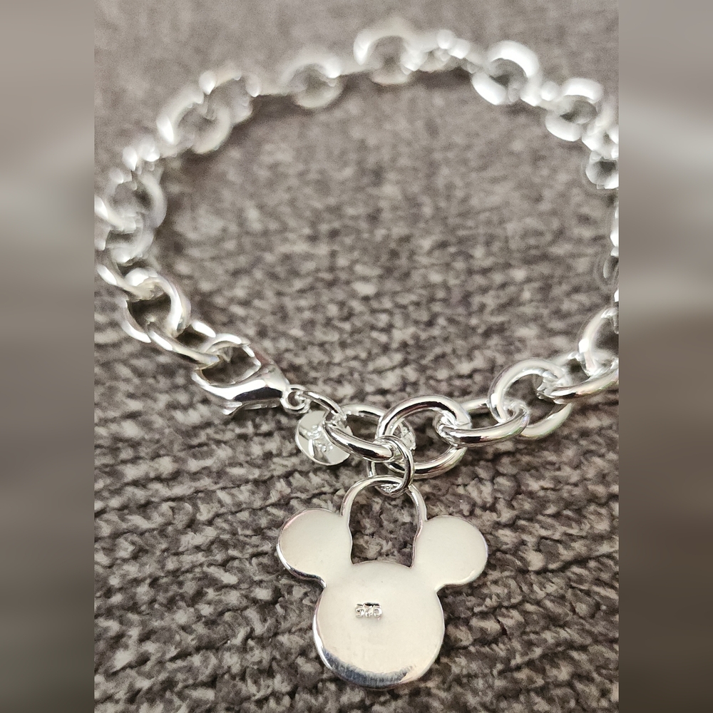 925 Stamped Silver Plated Mickey Minnie Mouse 7.5" Bracelet